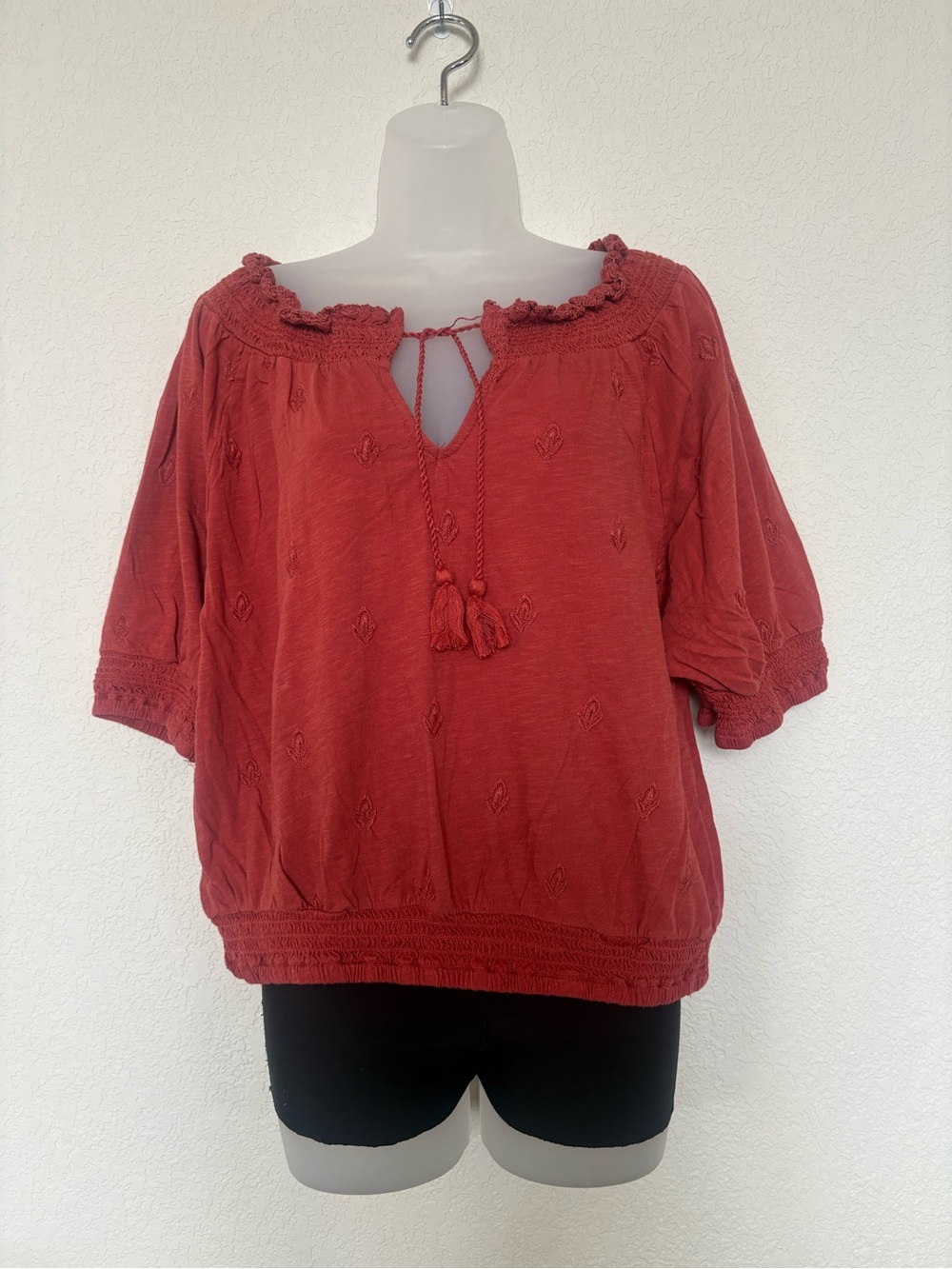 Lucky Brand Brick Red Peasant Tunic with Tassel Tie